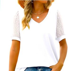 Aokosor brand summer t-shirt with Swiss dot sheer puff short sleeves.